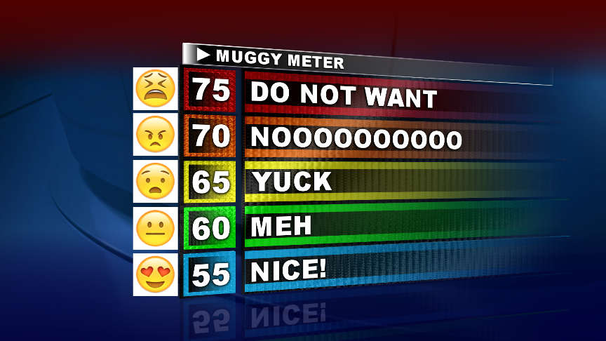 A "muggy meter", reading desired humidity level from 75 being "do not want" to 55 being "nice!"