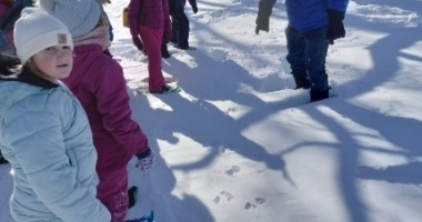 Dan points at squirrel tracks next to the trail, with girl scouts looking on.